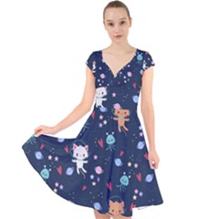 Cute Astronaut Cat With Star Galaxy Elements Seamless Pattern Cap Sleeve Front Wrap Midi Dress by Apen