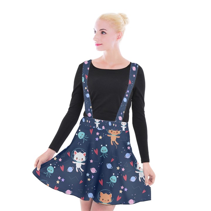 Cute Astronaut Cat With Star Galaxy Elements Seamless Pattern Suspender Skater Skirt