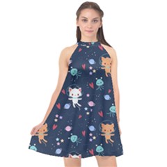 Cute Astronaut Cat With Star Galaxy Elements Seamless Pattern Halter Neckline Chiffon Dress  by Apen