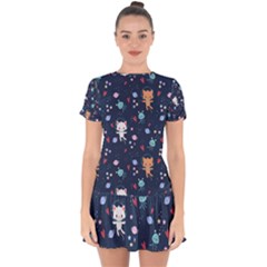 Cute Astronaut Cat With Star Galaxy Elements Seamless Pattern Drop Hem Mini Chiffon Dress by Apen