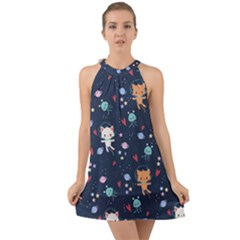 Cute Astronaut Cat With Star Galaxy Elements Seamless Pattern Halter Tie Back Chiffon Dress by Apen