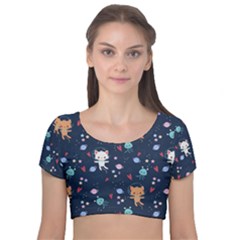 Cute Astronaut Cat With Star Galaxy Elements Seamless Pattern Velvet Short Sleeve Crop Top  by Apen