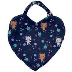 Cute Astronaut Cat With Star Galaxy Elements Seamless Pattern Giant Heart Shaped Tote by Apen