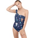 Cute Astronaut Cat With Star Galaxy Elements Seamless Pattern Frilly One Shoulder Swimsuit View1