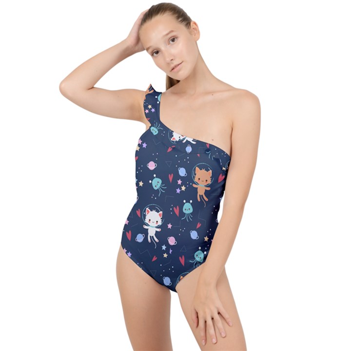 Cute Astronaut Cat With Star Galaxy Elements Seamless Pattern Frilly One Shoulder Swimsuit