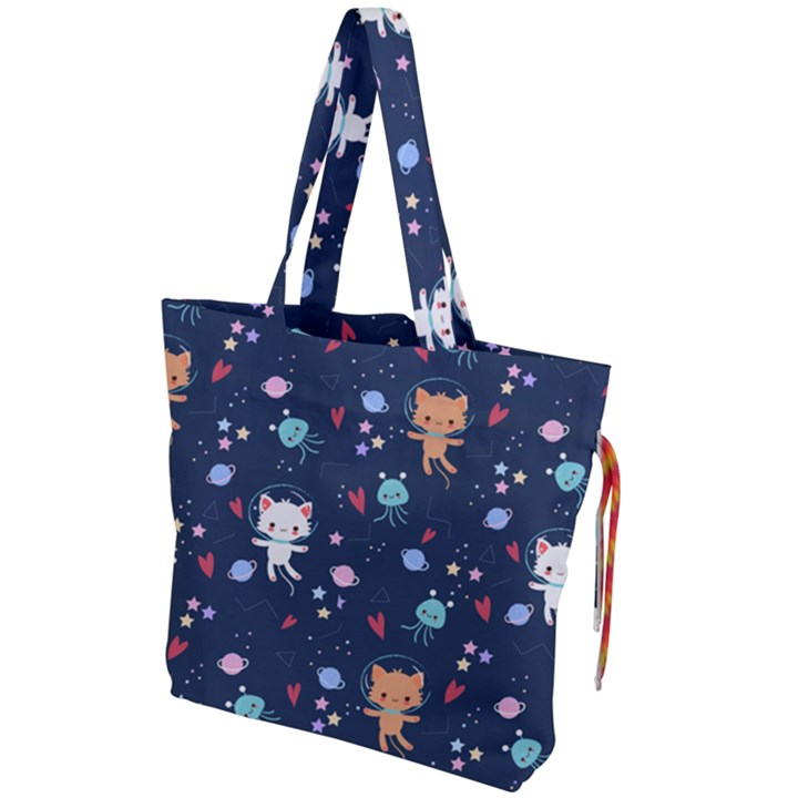 Cute Astronaut Cat With Star Galaxy Elements Seamless Pattern Drawstring Tote Bag