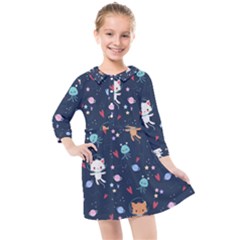 Cute Astronaut Cat With Star Galaxy Elements Seamless Pattern Kids  Quarter Sleeve Shirt Dress by Apen