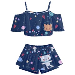 Cute Astronaut Cat With Star Galaxy Elements Seamless Pattern Kids  Off Shoulder Skirt Bikini by Apen