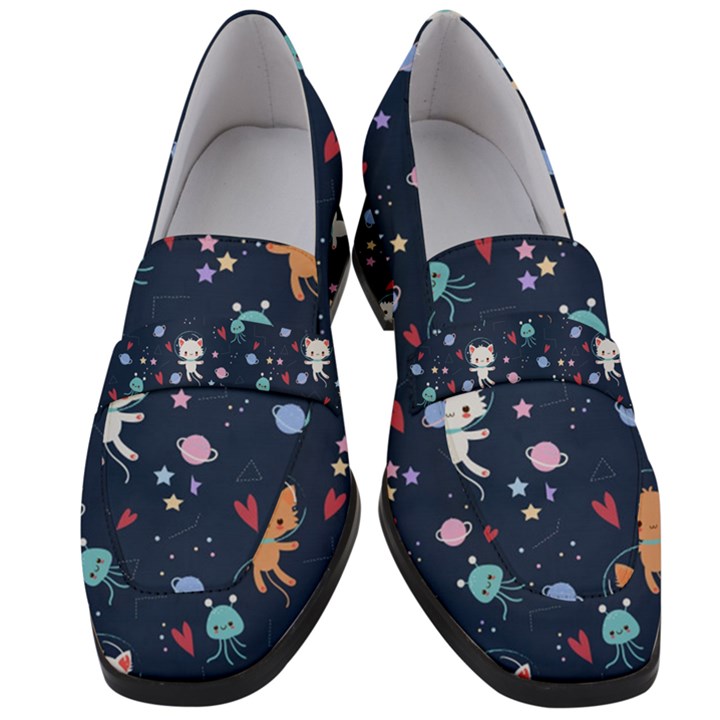 Cute Astronaut Cat With Star Galaxy Elements Seamless Pattern Women s Chunky Heel Loafers