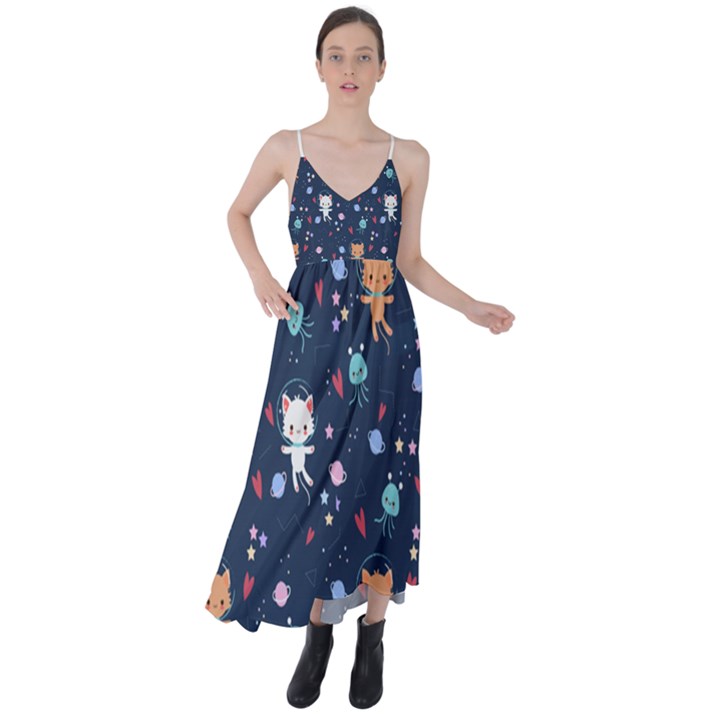 Cute Astronaut Cat With Star Galaxy Elements Seamless Pattern Tie Back Maxi Dress