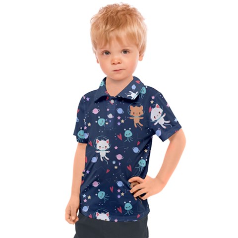 Cute Astronaut Cat With Star Galaxy Elements Seamless Pattern Kids  Polo T-shirt by Apen