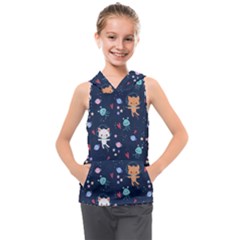 Cute Astronaut Cat With Star Galaxy Elements Seamless Pattern Kids  Sleeveless Hoodie by Apen