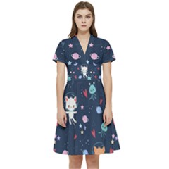 Cute Astronaut Cat With Star Galaxy Elements Seamless Pattern Short Sleeve Waist Detail Dress by Apen