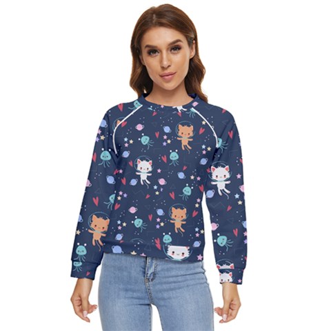 Cute Astronaut Cat With Star Galaxy Elements Seamless Pattern Women s Long Sleeve Raglan T-shirt by Apen