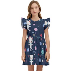 Cute Astronaut Cat With Star Galaxy Elements Seamless Pattern Kids  Winged Sleeve Dress by Apen