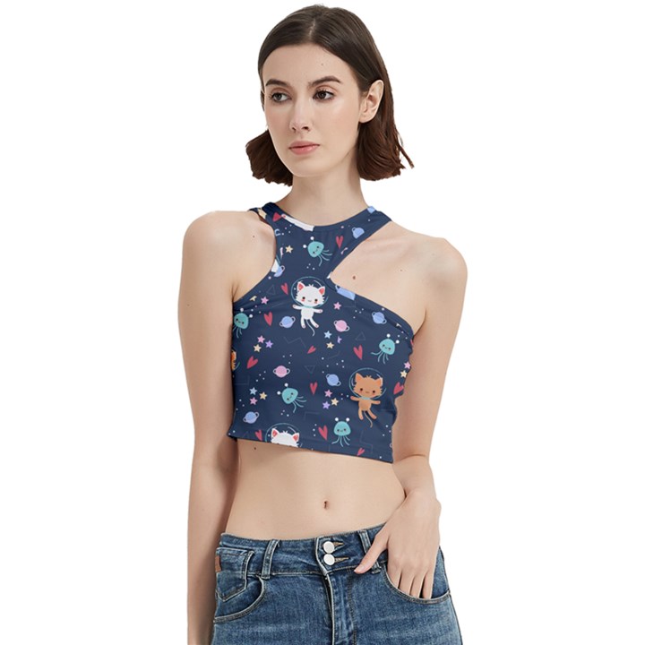 Cute Astronaut Cat With Star Galaxy Elements Seamless Pattern Cut Out Top