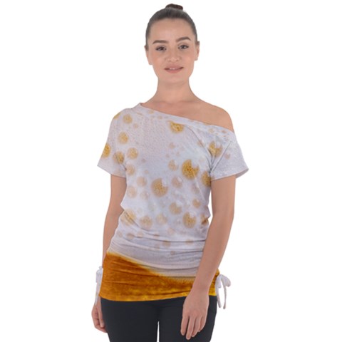 Beer Foam Texture Macro Liquid Bubble Off Shoulder Tie-up T-shirt by Cemarart