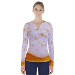 Beer Foam Texture Macro Liquid Bubble V-neck Long Sleeve Top by Cemarart