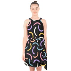 Abstract Pattern Wallpaper Halter Collar Waist Tie Chiffon Dress