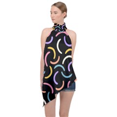 Abstract Pattern Wallpaper Halter Asymmetric Satin Top