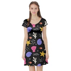 Sea Shells Pattern Wallpaper Fish Short Sleeve Skater Dress