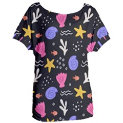 Sea Shells Pattern Wallpaper Fish Women s Oversized T-shirt