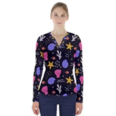 Sea Shells Pattern Wallpaper Fish V-neck Long Sleeve Top