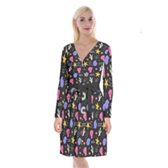 Sea Shells Pattern Wallpaper Fish Long Sleeve Velvet Front Wrap Dress