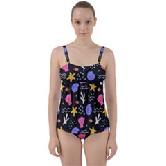 Sea Shells Pattern Wallpaper Fish Twist Front Tankini Set