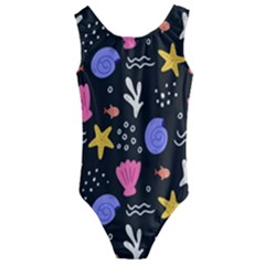 Sea Shells Pattern Wallpaper Fish Kids  Cut-out Back One Piece Swimsuit