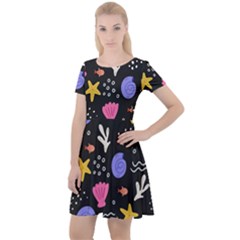 Sea Shells Pattern Wallpaper Fish Cap Sleeve Velour Dress 