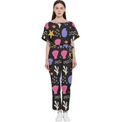 Sea Shells Pattern Wallpaper Fish Batwing Lightweight Chiffon Jumpsuit by Maspions