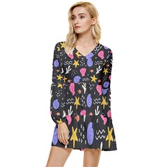 Sea Shells Pattern Wallpaper Fish Tiered Long Sleeve Mini Dress