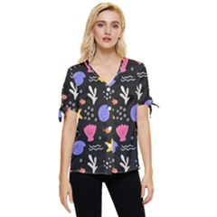 Sea Shells Pattern Wallpaper Fish Bow Sleeve Button Up Top