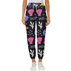 Sea Shells Pattern Wallpaper Fish Women s Cropped Drawstring Pants by Maspions