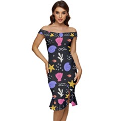 Sea Shells Pattern Wallpaper Fish Off Shoulder Ruffle Split Hem Bodycon Dress by Maspions