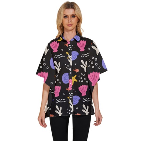 Sea Shells Pattern Wallpaper Fish Women s Batwing Button Up Shirt by Maspions