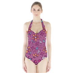 Flowers Petals Leaves Foliage Halter Swimsuit