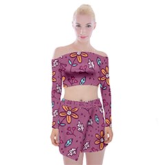 Flowers Petals Leaves Foliage Off Shoulder Top With Mini Skirt Set