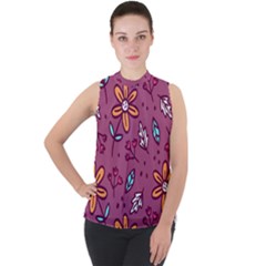 Flowers Petals Leaves Foliage Mock Neck Chiffon Sleeveless Top