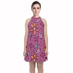 Flowers Petals Leaves Foliage Velvet Halter Neckline Dress 