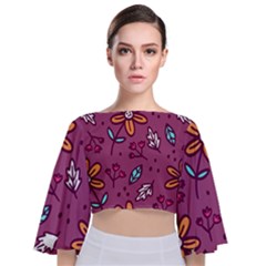 Flowers Petals Leaves Foliage Tie Back Butterfly Sleeve Chiffon Top