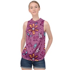 Flowers Petals Leaves Foliage High Neck Satin Top