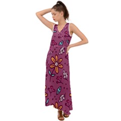 Flowers Petals Leaves Foliage V-neck Chiffon Maxi Dress