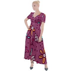 Flowers Petals Leaves Foliage Button Up Short Sleeve Maxi Dress by Maspions