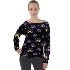 Wallpaper Pattern Rainbow Off Shoulder Long Sleeve Velour Top