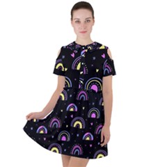 Wallpaper Pattern Rainbow Short Sleeve Shoulder Cut Out Dress 