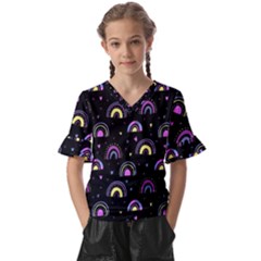 Wallpaper Pattern Rainbow Kids  V-neck Horn Sleeve Blouse