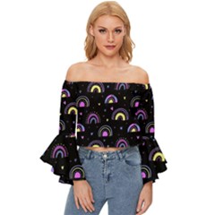 Wallpaper Pattern Rainbow Off Shoulder Flutter Bell Sleeve Top