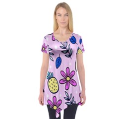 Flowers Petals Pineapples Fruit Short Sleeve Tunic 